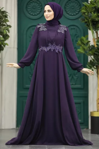 Hijab-Abendkleid - Pflaumen-Hijab-Abendkleid mit Perlendetail MU
