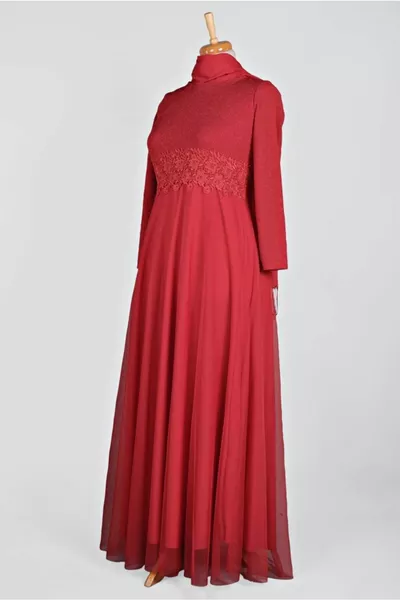Women's Red Guipure Detailed Evening Dress 