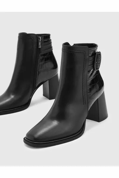 Chik Genuine Croco Leather Women's Black Heeled Boots