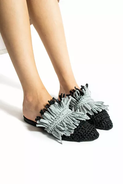 القش الأسود شرابة المرأة النعال عدم الانزلاق الوحيد بركة البحر شاطئ النعال