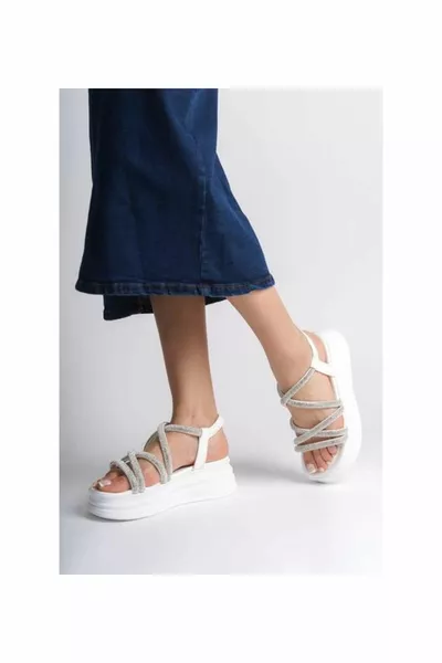 Dames plateausandalen met Stones hoge zool wit