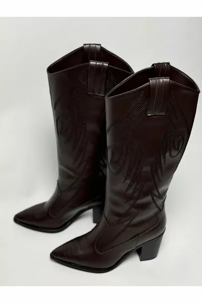 Bottes longues western cowboy pour femmes avec broderie à plumes à l’intérieur