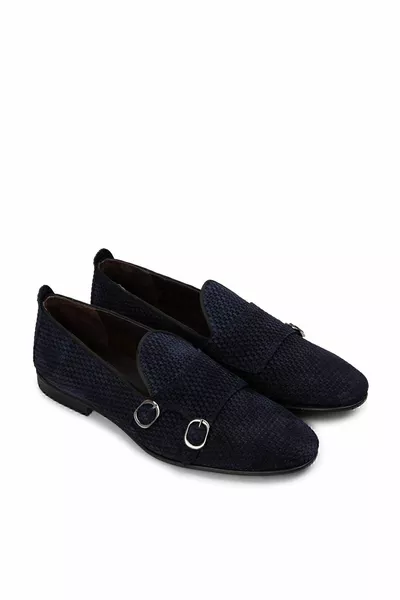 Mocassino da uomo con doppia fibbia blu navy in vero nabuk