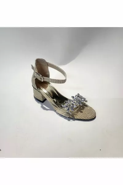 Детски токчета, злато със затворен гръб, блясък, прозрачна лента, камък