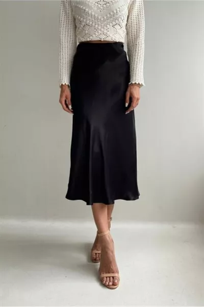 Satin Viscose Midi Length Black Skirt