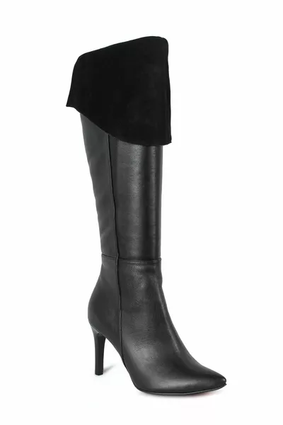 Bottes à talons aiguilles en cuir noir en daim noir 