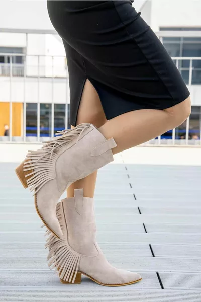 Naomi Черен велурен детайл от пискюл от естествена кожа под коляното Къси токчета Западни каубойски дамски ботуши