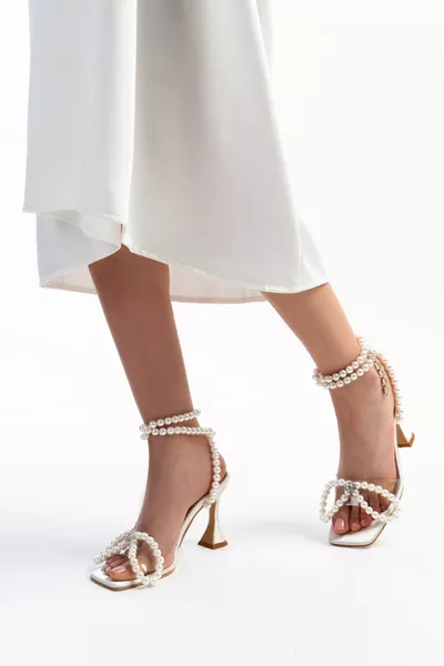 Ariel Nacre Détail Perle Cheville Nouer Sandales à talons pour femme