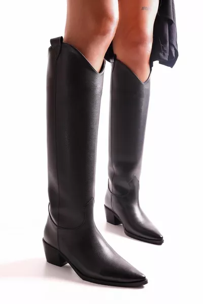 Women's Meot Black Skin Heels Western Rider Boots Black Skin