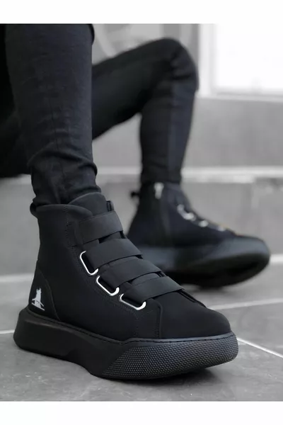 Men's Black Thick Black Strap Boots Flat High Sole Orthopedic Comfortable Winter Waterproof Postal