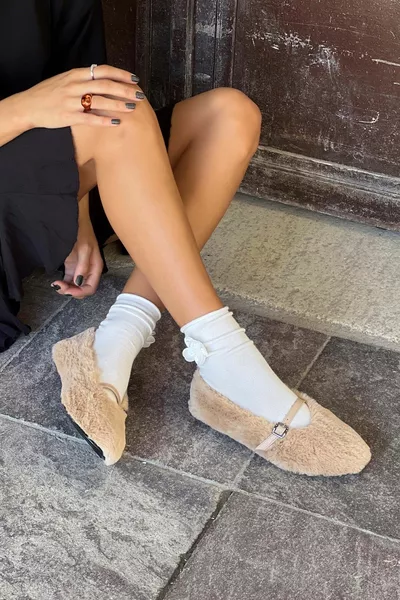 Renita Beige Feather Belt Detailed Flat Base Дамски балетни балетки