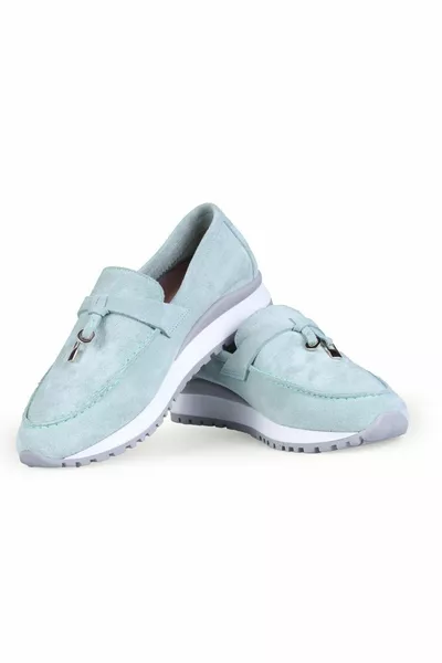 Воднозелени велурени дамски обувки от естествена кожа с аксесоари за спортна подметка