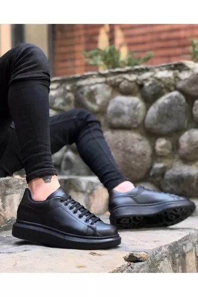 Thick High Sole Black Lace-Up Sneakers