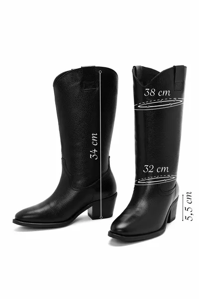 Women's Black Leather Chunky Heels Cowboy Boots ft