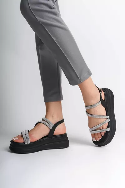 MokaShopin RILEY Sandali Donna con Suola Ortopedica ST Nero con Fibbia Sottile Stone Stripe