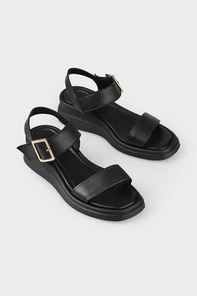 Noir Cuir Femmes Rembourré Talon Sandales