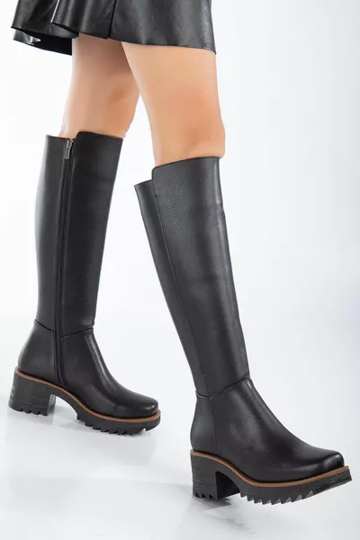 حذاء نسائي بكعب سميك بكعب عال بسحاب - أسود