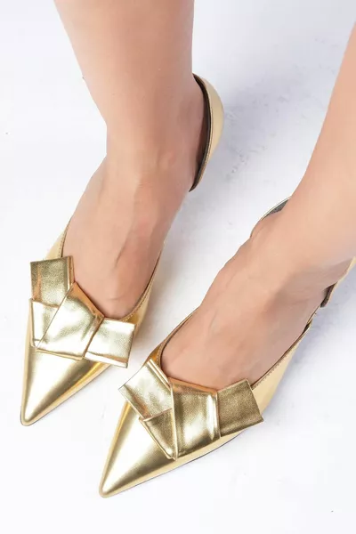 Alexa Metallic Gold Color Аксесоар с лък със заострени пръсти Дамски обувки на токчета Парти и вечерни обувки