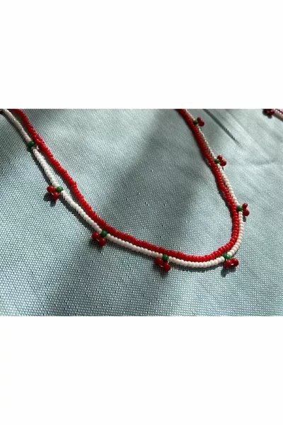 2pcs Red And White Beaded Cherry Necklace
