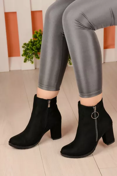 Schwarze Nubuk Damen Ring Reißverschluss 7cm Stiefel mit Absatz Botie 