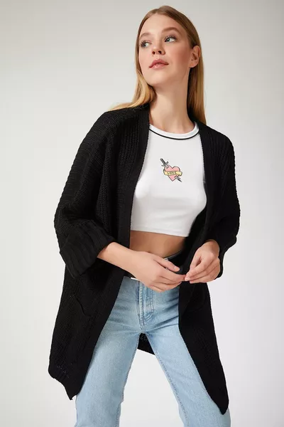 Women's Black Oversize Long Pocket Knitwear Cardigan 