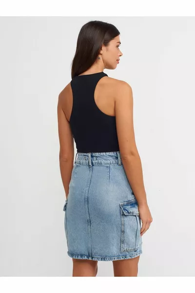  تنورة دينم متوسطة الطول مع جيوب جانبية - أزرق