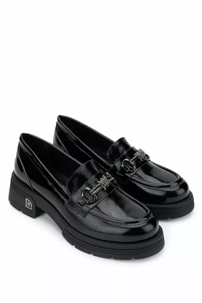 Women's Genuine Leather Black Patent Leather Loafer Shoes