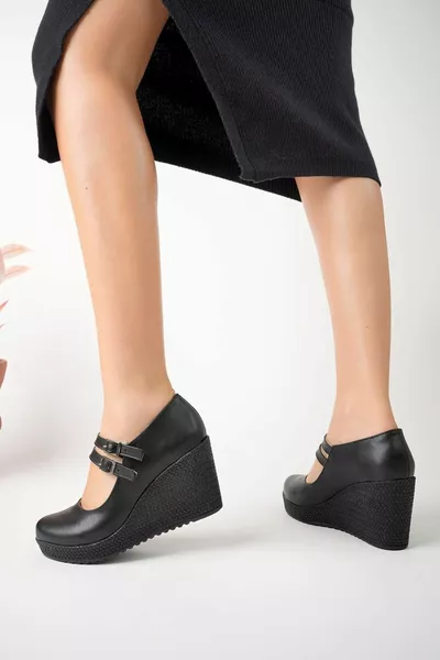 Мягкий каблук с двойным ремешком черная кожа женская обувь