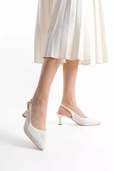 Women's Satin Point Stone Beige Evening Dress Open Back Shoes