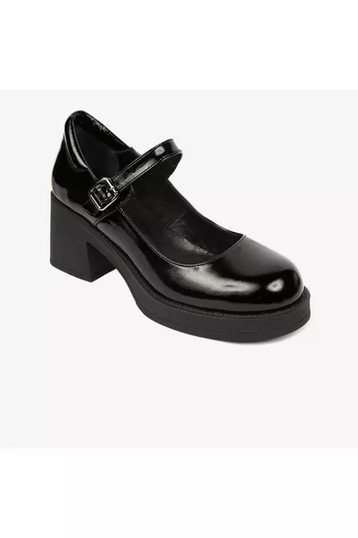 Damen Schwarz Lackleder Echtleder Loafer Schuhe Mit Absatz 