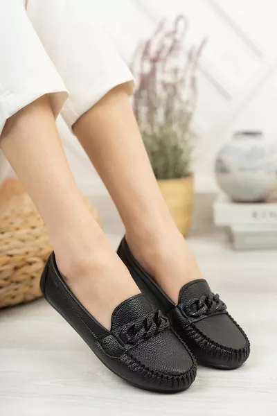 Femmes Ballet Flats Léger Confortable Semelle Orthopédique Cuir Peau Mère Chaussures Noir