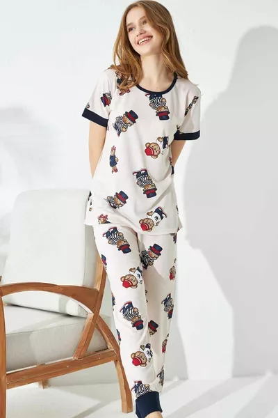 Teddy Bear Patterned Knitted Pajama Set with Cream Hat