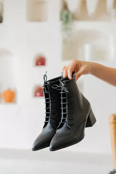 Katerina Black (5cm) Chunky Heels (5cm) Pointed Toe Lace-Up Casual Women's Boots