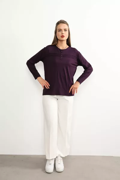 ليكرا نسائية في منتصف العمر وأكثر من أربعة مواسم أرجوانية أمي ممشط بلوزة الموسم الجديد مخطط مخطط