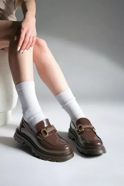Women's Loafer High Sole Buckle Casual Shoes Kinles Brown