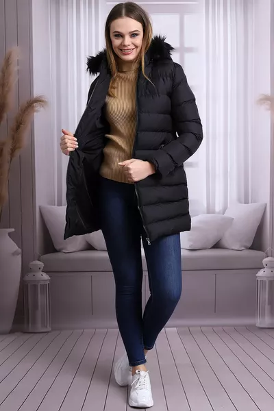 معطف نسائي أسود أفخم ميكروجل منتفخ