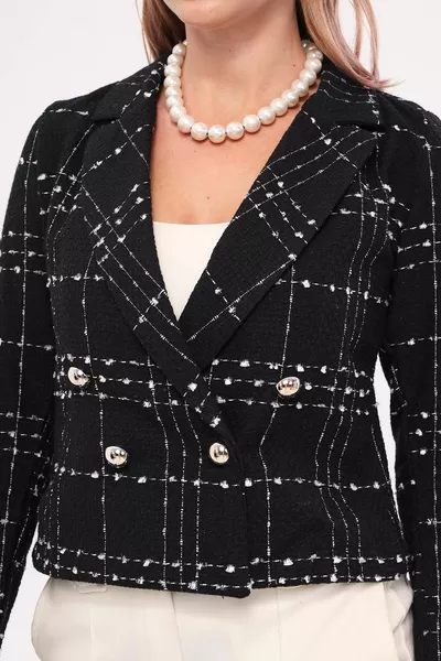 Veste courte noire en tweed à double col pour femmes 