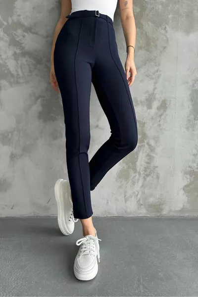 المرأة الأزرق الداكن عالية الخصر المجمع سليم الساق مشبك النسيج السراويل