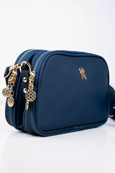 المرأة الأزرق الداكن 3 مقصورات Buzzy الساتان الجلود حقيبة الكتف اليومية مع حزام العمود قابل للتعديل