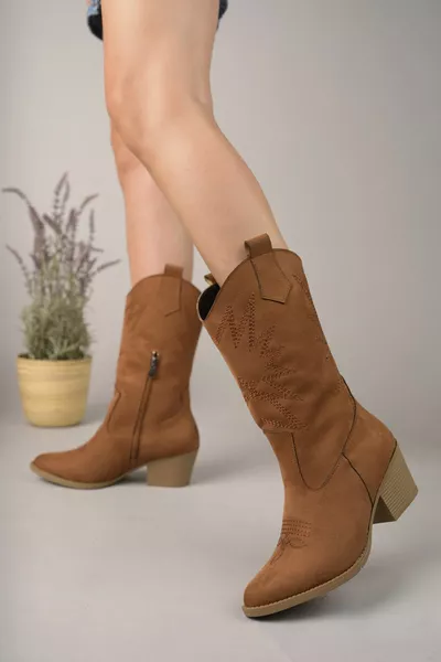 Bestickte Cowboystiefel aus hellbraunem Wildleder für Damen