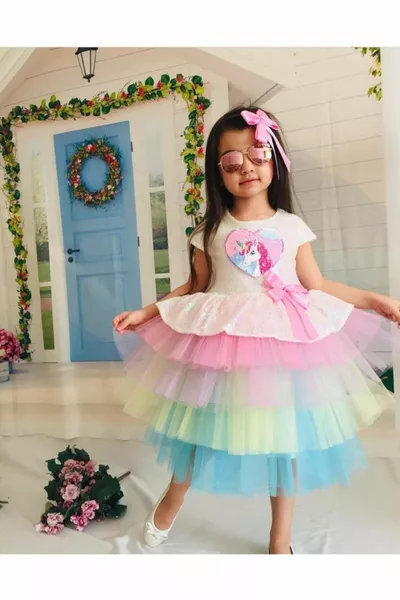 Robe colorée licorne à boucles à sequins pour fille