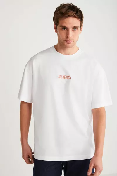 فيتو الرجال القطن العضوي التطريز الخط مفصلة كبيرة الحجم فضفاضة صالح قصيرة الأكمام الأبيض تي شيرت