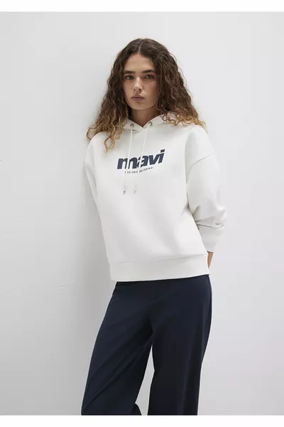 Logo Baskılı Kapüşonlu Ekru Sweatshirt 