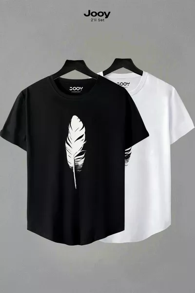 Ensemble de deux t-shirts unisexes noirs et blancs à motif plume avec coupe ovale