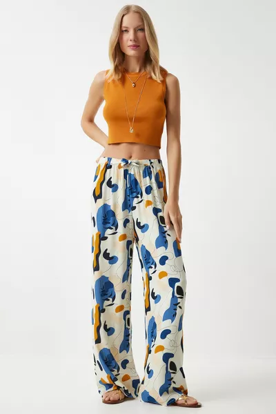 نسائي أزرق سماوي Ecru منقوش بنطلون بالازو متدفق 