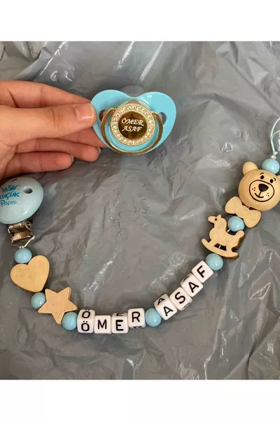 سلسلة مصاصة للأطفال باللون الأزرق مع اسم، وطقم مصاصة بسليكون للفم (0-6 أشهر) - 