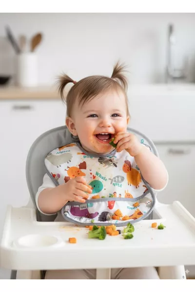 مريول طعام للأطفال مع هدية فتحة سفلية، مناسب من 6 إلى  شهراً، من الزو مع إغلاق لاصق حول الرقبة، جيوب، مقاوم للسوائل، مريول للأطفال