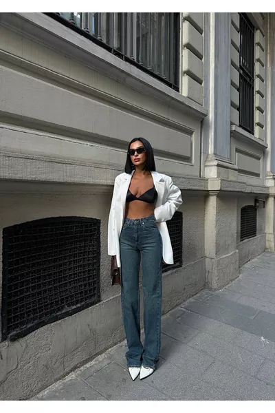 Jean large taille haute femme vert tint, pantalon en jean extensible Palazzo 