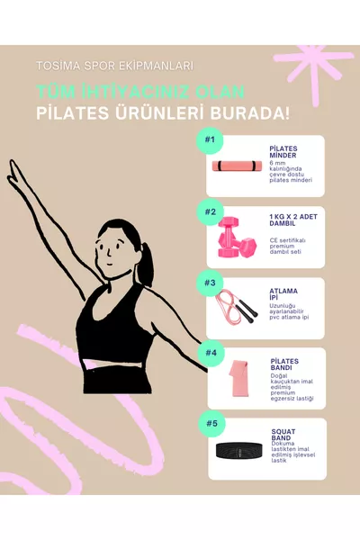6 Parça Pilates & Fitness Seti – 6mm Pilates Minderi, Squat Bant, Atlama İpi,  Kg Dambıl
