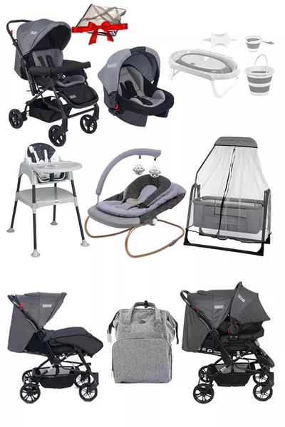 مجموعة قطع تجهيزات الأطفال عربة الطفل، سرير متنقل، سرير هزاز، كرسي طعام، حوض استحمام، حقيبة العناية بالطفل